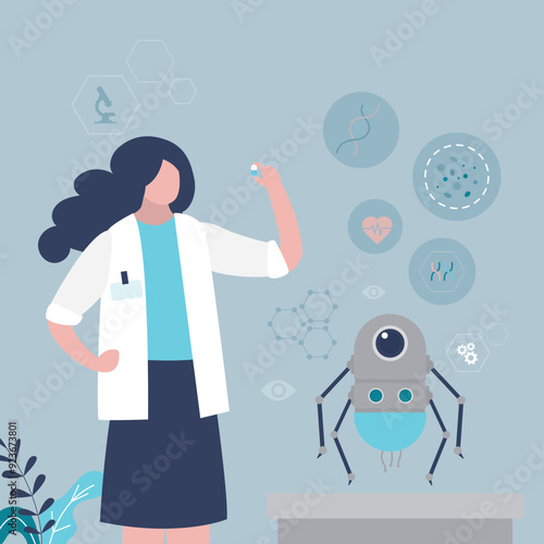 Female doctor with smart nano robots doing clinical research. Nano tech laboratory. Scientific and medical research and treatment using nanobots, technology of future