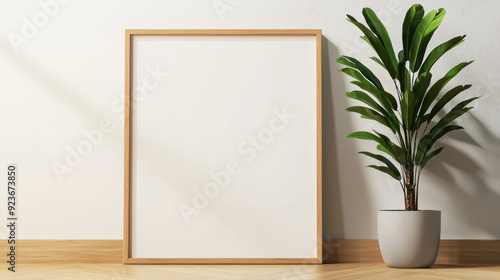 Minimalist interior with blank wooden frame leaning against a white wall, accompanied by a potted plant on a wooden floor