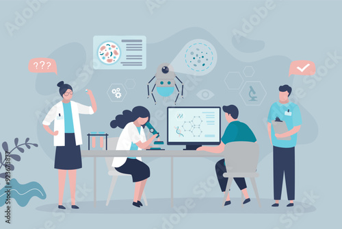 Team of scientist or doctors with smart nano robots do clinical research, blood test. Nano tech laboratory. Scientific and medical research and treatment using nanobots,