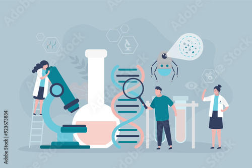 scientist or doctors with smart nano robots do clinical and dna research, blood test. Nano tech laboratory. Scientific and medical research and treatment using nanobots