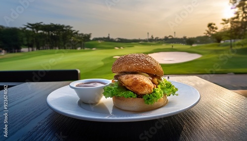 A grilled chicken burger in a coffee overlooking a golf course., generative IA