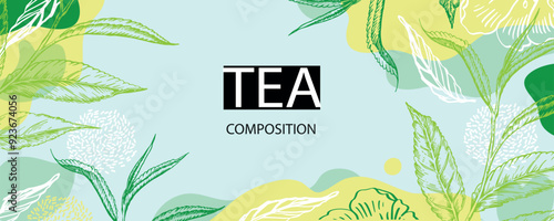 Green banner for tea design. Tea shop. A cup drawn in one line. Horizontal background.