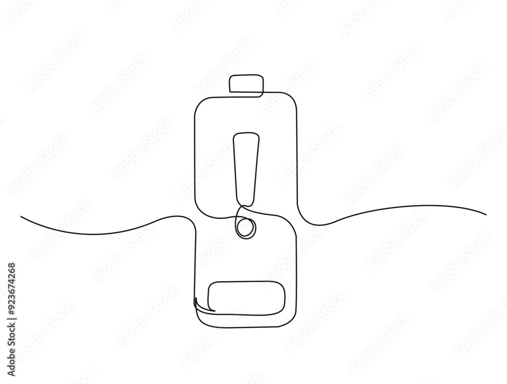 Continuous one line drawing of Battery with exclamation mark. Battery single line vector illustration. Editable line vector. Continuous one line drawing of Battery with exclamation mark. Battery single line vector illustration. Editable line vector.