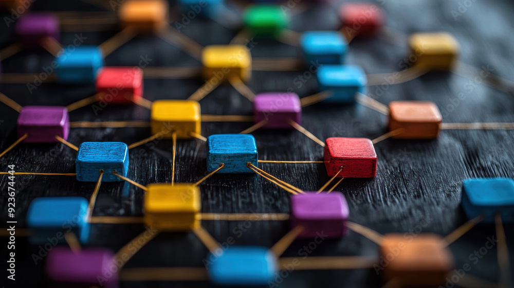 Obraz premium Close-up of interconnected colorful wooden blocks on a dark surface, symbolizing networking, communication, and connections in a complex system.