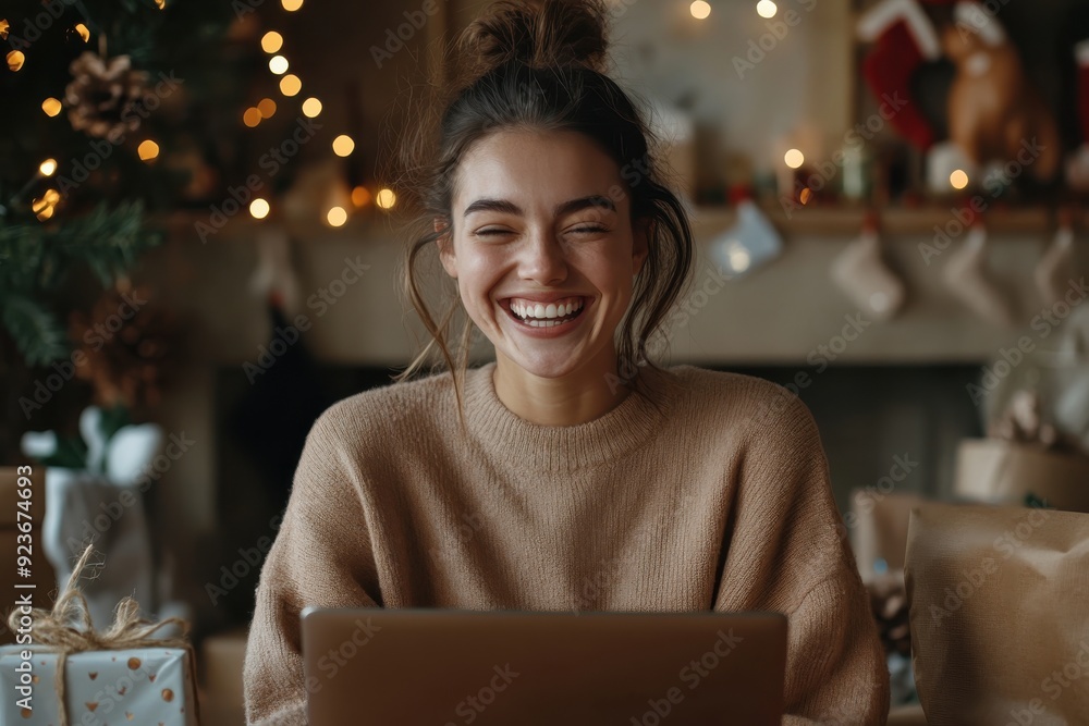 A joyous woman works on her laptop, embraced by the warmth of holiday decorations and lights in a cozy setting, expressing contentment and festive happiness. A joyous woman works on her laptop, embraced by the warmth of holiday decorations and lights in a cozy setting, expressing contentment and festive happiness.