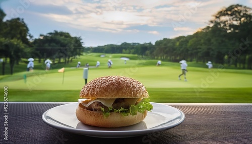 A turkey hamburger in a coffee overlooking a golf field with golfers playing., generative IA