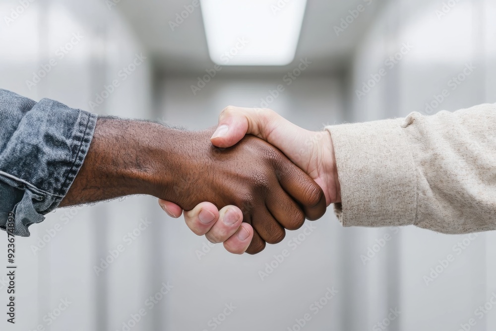 Image of a handshake between two individuals in a bright hallway, symbolizing mutual respect, agreement, and the dawning of a new partnership or understanding in a modern setting. Image of a handshake between two individuals in a bright hallway, symbolizing mutual respect, agreement, and the dawning of a new partnership or understanding in a modern setting.