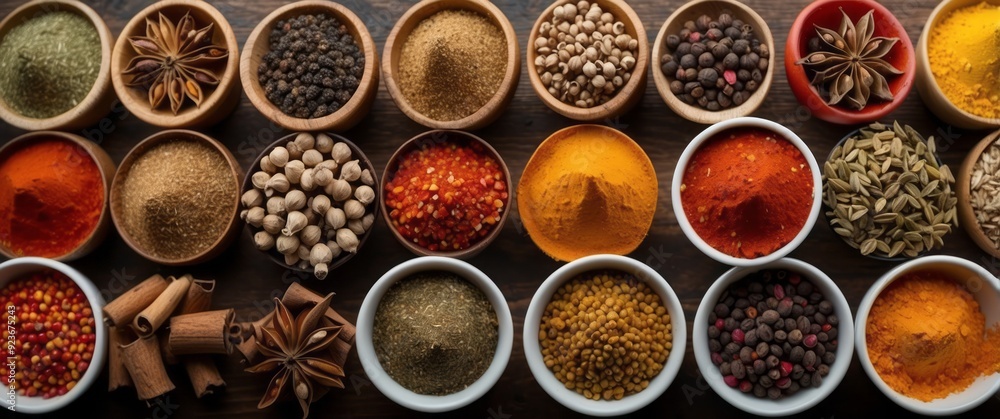 Assortment of Spices and Herbs in Bowls on Wooden Background Assortment of Spices and Herbs in Bowls on Wooden Background