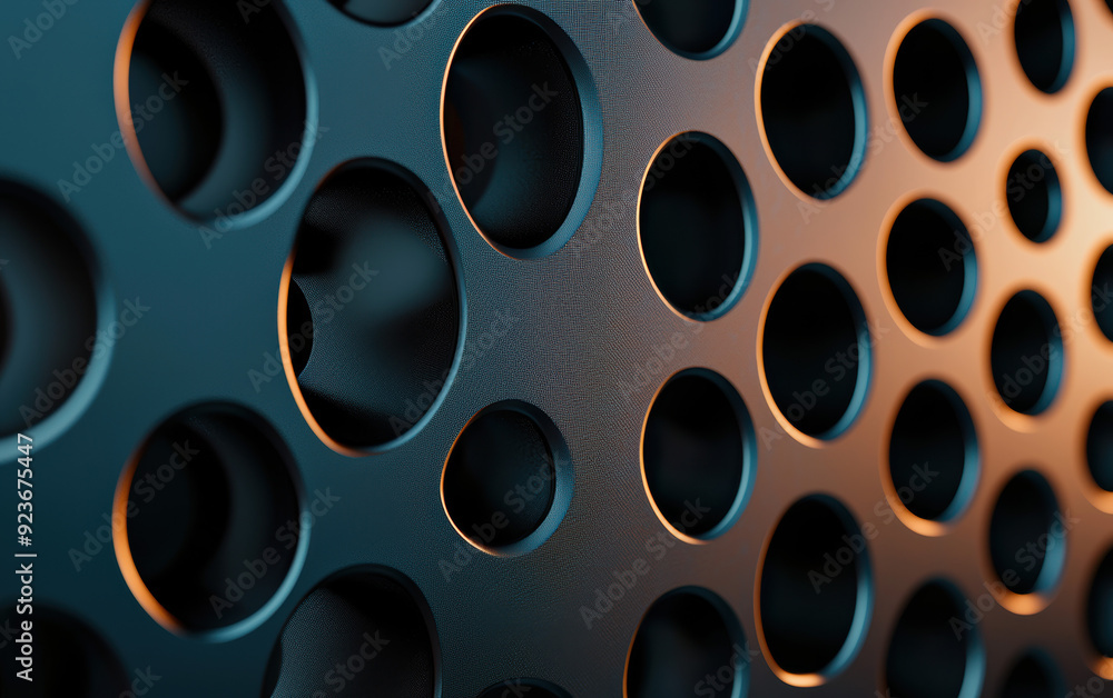 Close-up of perforated metal sheet with circular holes, illuminated by soft lighting, creating an abstract industrial background.
