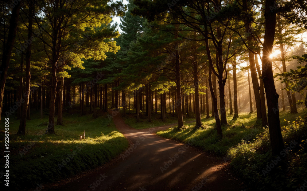 Fototapeta premium Serene Forest Pathway Illuminated by Golden Sunlight During Early Evening