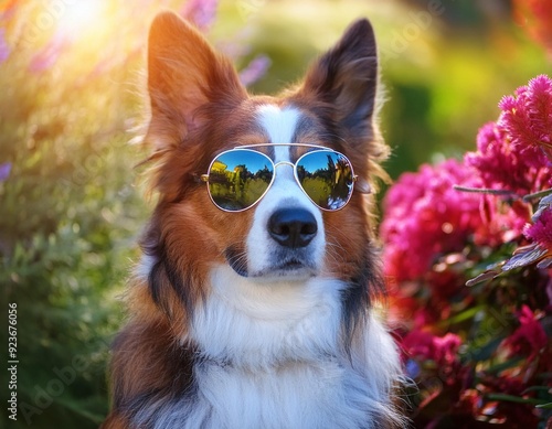 Canine with Intense Gaze in Oakley Shades Amid Vibrant Garden, generative AI photo