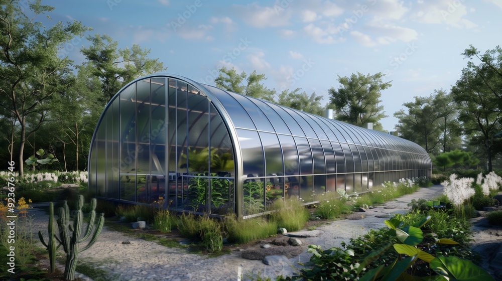A high-tech greenhouse uses solar energy and advanced irrigation for sustainable farming and efficient crop production. A high-tech greenhouse uses solar energy and advanced irrigation for sustainable farming and efficient crop production.