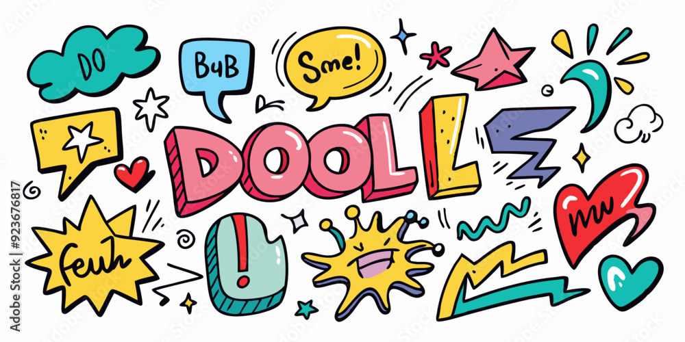 Doodle word scribble set, vector hand drawn sketch icon, messy handwriting lettering collection. Pencil ink wall inscription comic emotion sign, heart, stars, emphasis elements. Simple doodle word