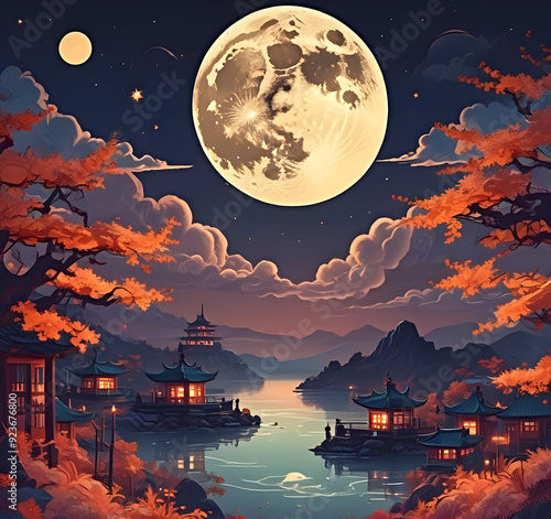 Mid-autumn festival background banner, image of a big full moon in the night sky.