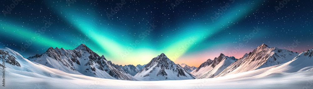 Panoramic view of the Northern Lights over snow-capped mountain peaks under a starry night sky, showcasing a breathtaking natural wonder. Panoramic view of the Northern Lights over snow-capped mountain peaks under a starry night sky, showcasing a breathtaking natural wonder.