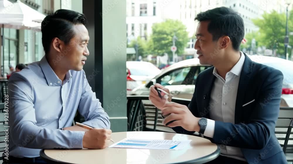 Business Meeting Between Two Asian Men at Outdoor Cafe in Business Attire Business Meeting Between Two Asian Men at Outdoor Cafe in Business Attire