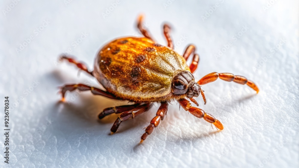 Macro shot of a tick on a white background, with a tiny stage and spotlight, emphasizing the pesky insect's prominent role in outdoor adventures. Macro shot of a tick on a white background, with a tiny stage and spotlight, emphasizing the pesky insect's prominent role in outdoor adventures.