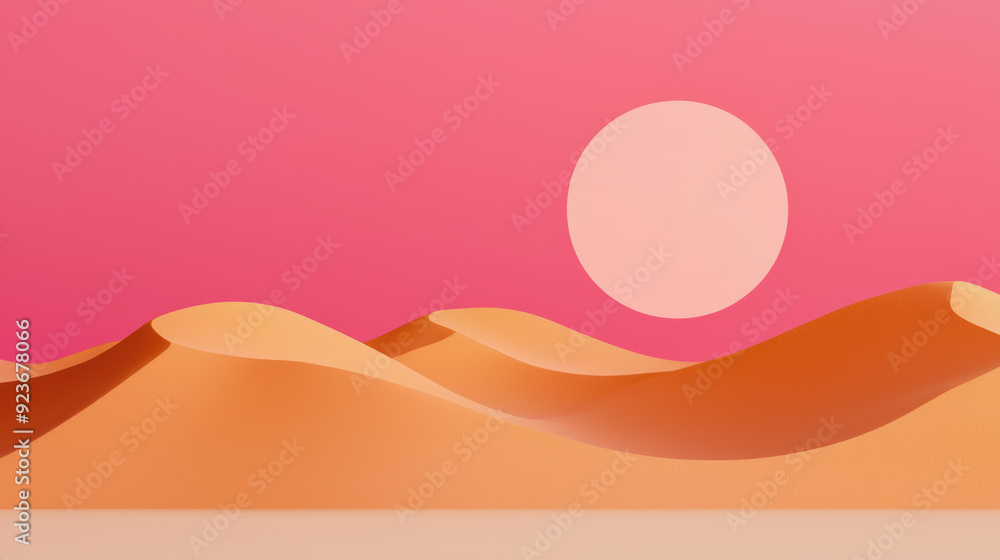 Vibrant digital illustration of desert dunes against a bright pink sky with a large sun, creating a surreal and colorful landscape scene. Vibrant digital illustration of desert dunes against a bright pink sky with a large sun, creating a surreal and colorful landscape scene.