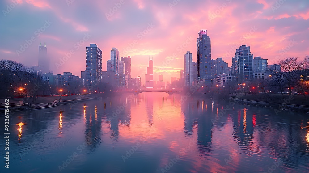 Fototapeta premium A modern city skyline at dusk, bathed in soft pastel colors of peach, lavender, and light blue. The calm river below reflects the serene hues, with gentle lights beginning to glow in the buildings.