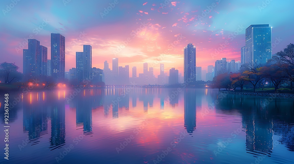 Fototapeta premium A modern city skyline at dusk, bathed in soft pastel colors of peach, lavender, and light blue. The calm river below reflects the serene hues, with gentle lights beginning to glow in the buildings.