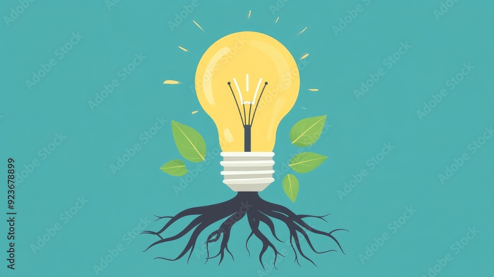 Bright light bulb with roots, ideas taking root and growing, flat design illustration Bright light bulb with roots, ideas taking root and growing, flat design illustration