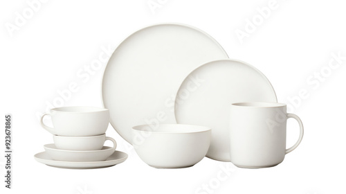 Minimalist white ceramic tableware set including plates, bowls, mugs, and cups. Perfect for modern kitchen or dining room decor.