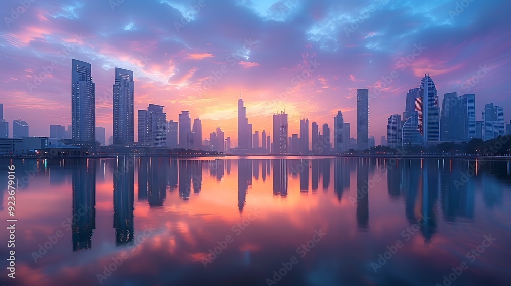 A serene dusk cityscape with a modern skyline bathed in pastel colors of peach, lavender, and light blue. The calm river mirrors the tranquil hues. Wide-angle shot, hd quality, natural look. A serene dusk cityscape with a modern skyline bathed in pastel colors of peach, lavender, and light blue. The calm river mirrors the tranquil hues. Wide-angle shot, hd quality, natural look.