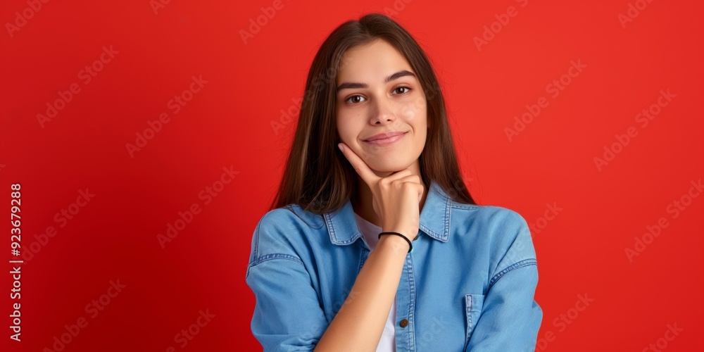 A woman is smiling and looking at the camera. She is wearing a blue shirt and jeans. The red background adds a pop of color to the scene A woman is smiling and looking at the camera. She is wearing a blue shirt and jeans. The red background adds a pop of color to the scene