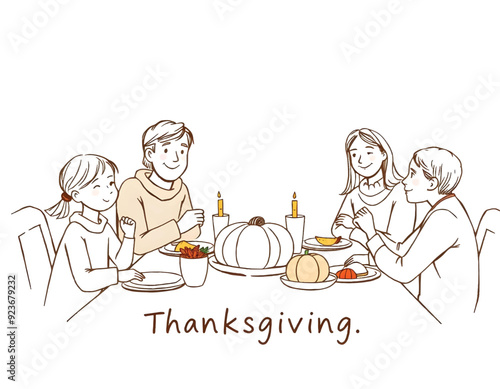 a hand drawing of a family at a thanksgiving dining table with pumpkins and other food