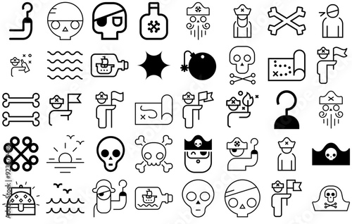 Set Of Pirates Isolated Silhouette Solid Icons With Pirate,Sailor,Sea,Pirate-Hat,Cross-Bones Vector Icon Set Linear Pictogram Pack