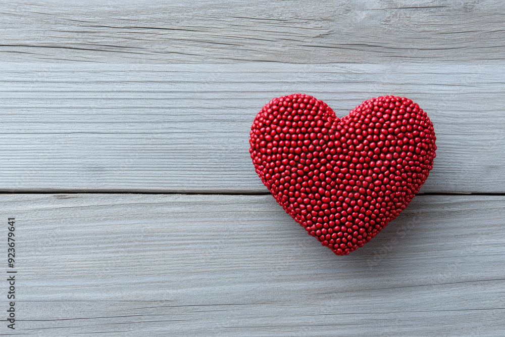 A vibrant red heart made of textured beads, resting on a light wooden surface, perfect for love and Valentine themes. A vibrant red heart made of textured beads, resting on a light wooden surface, perfect for love and Valentine themes.