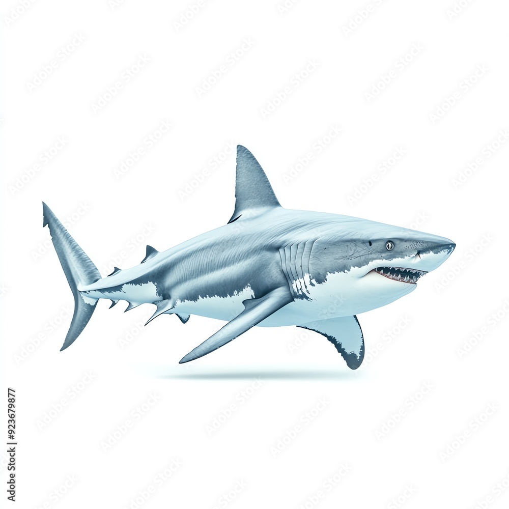 Detailed illustration of a great white shark in a dynamic swimming pose, isolated on white background. Detailed illustration of a great white shark in a dynamic swimming pose, isolated on white background.
