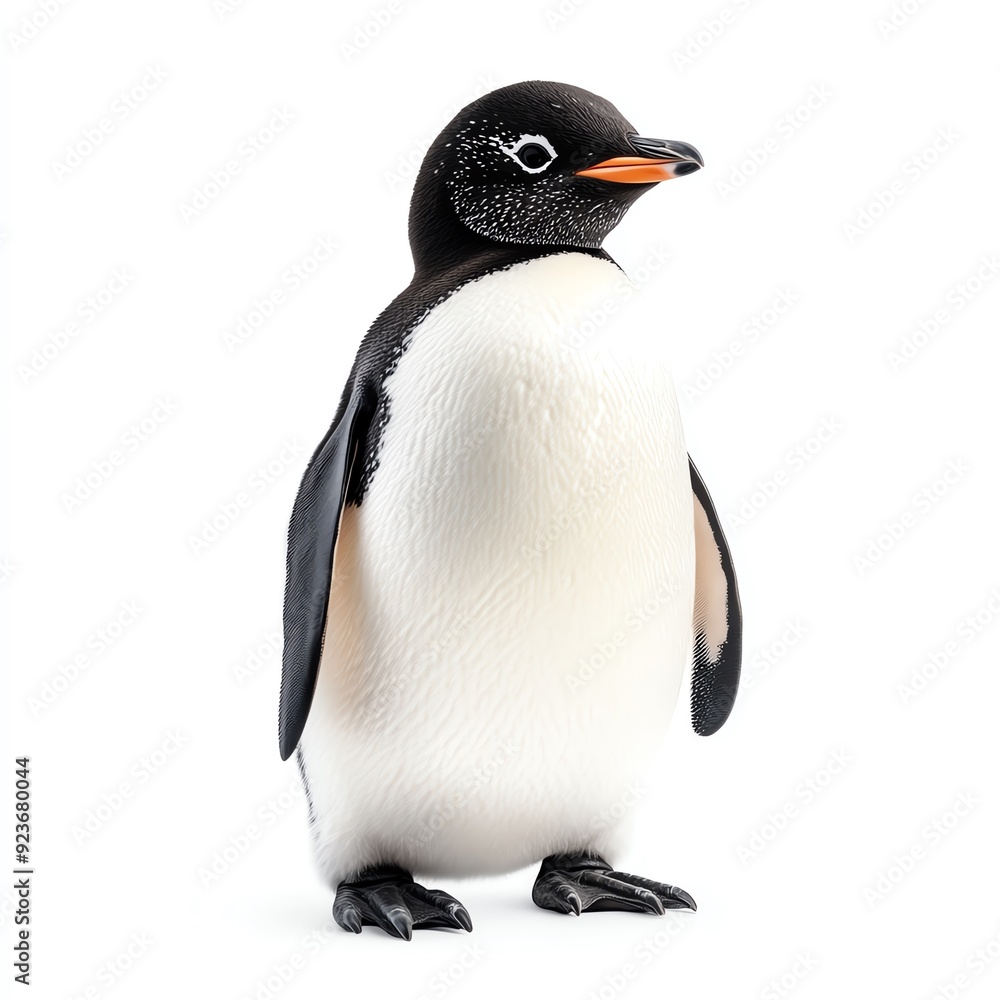 Obraz premium Close-up of a penguin with black and white feathers, isolated on white background. Perfect for nature and wildlife-themed visuals.