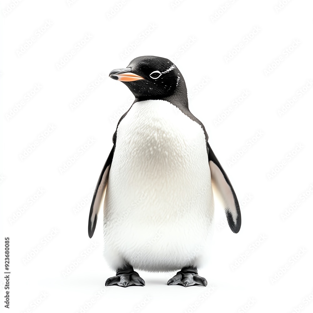 Obraz premium A close-up of a single penguin standing against a white background, showcasing its black and white plumage in sharp detail.