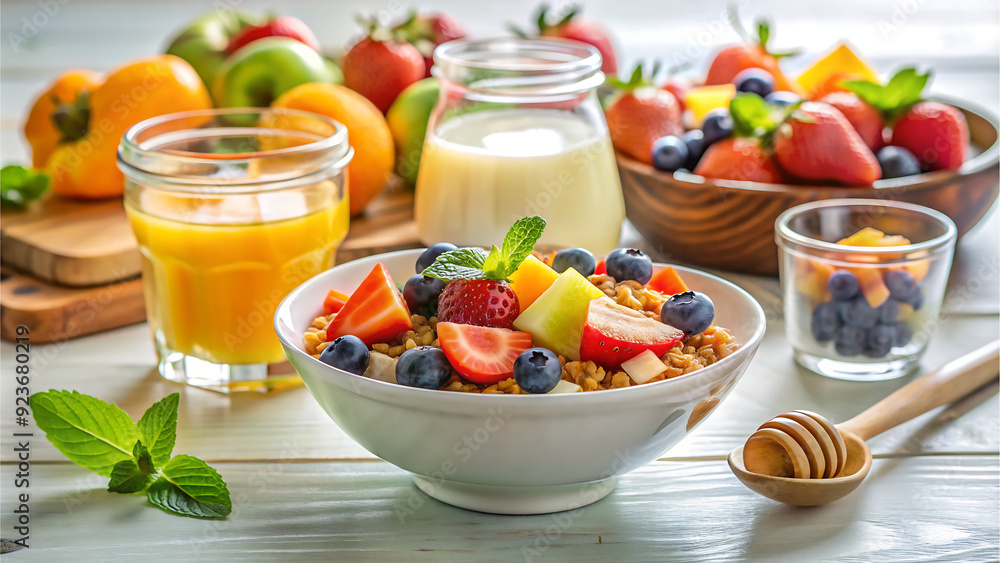 Healthy fruit and yogurt breakfast bowls with fresh orange juice and berries, ideal for clean eating Healthy fruit and yogurt breakfast bowls with fresh orange juice and berries, ideal for clean eating