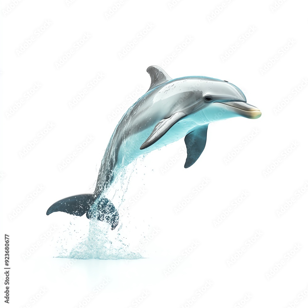Fototapeta premium Dynamic image of a dolphin leaping out of the water against a white background, exuding grace and energy.