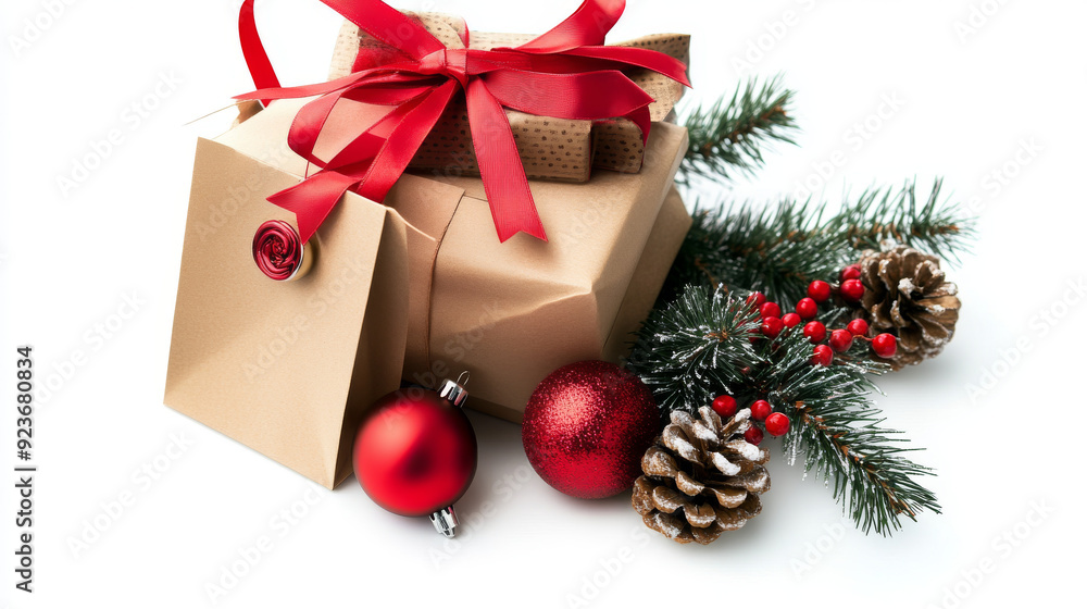 Christmas gift box with a red ribbon inside a shopping bag, isolated on a white background. Christmas gift box with a red ribbon inside a shopping bag, isolated on a white background.