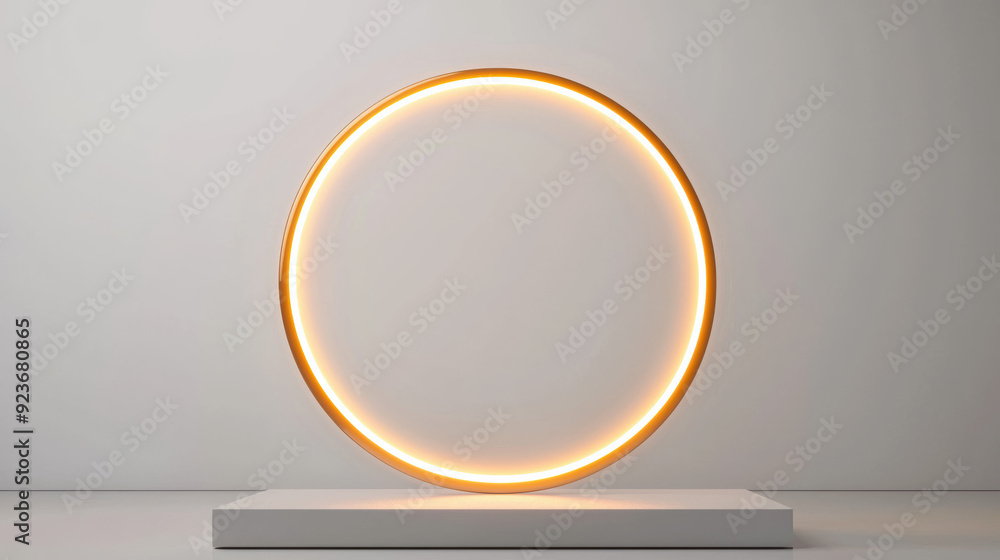 Minimalist glowing neon circle light on a white pedestal against a gray background. Modern geometric design with a futuristic and elegant feel. Minimalist glowing neon circle light on a white pedestal against a gray background. Modern geometric design with a futuristic and elegant feel.