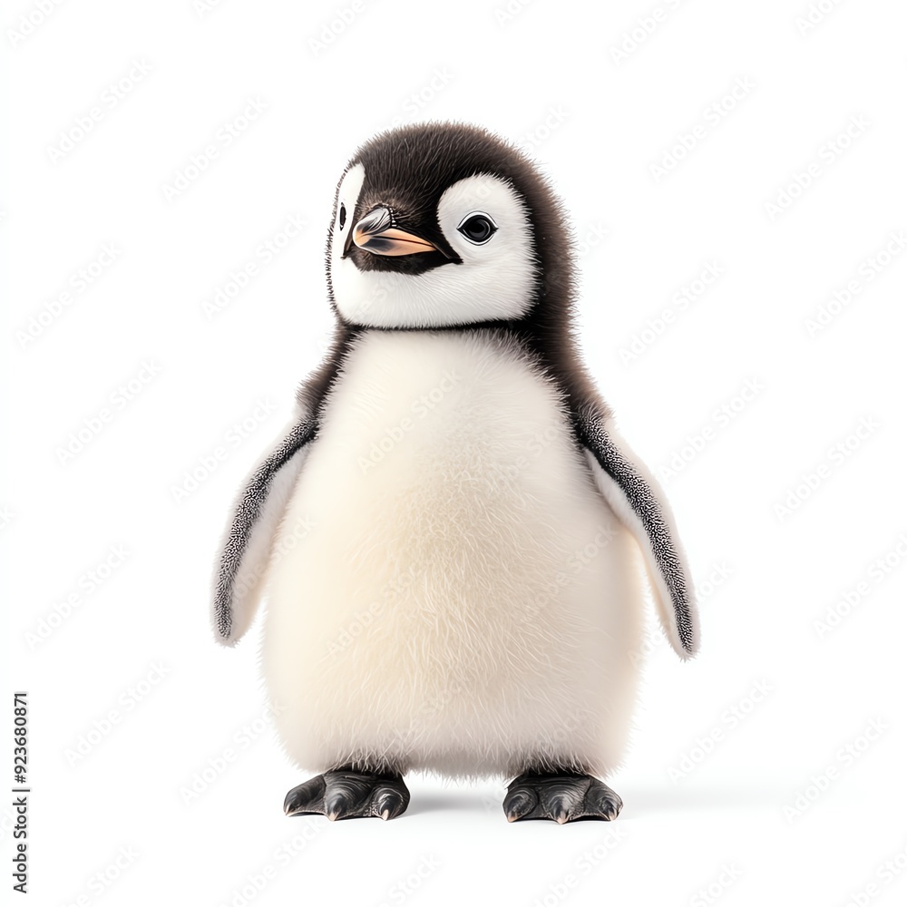 Fototapeta premium Adorable baby penguin standing on a white background. Perfect image for wildlife, nature, or animal-related projects.