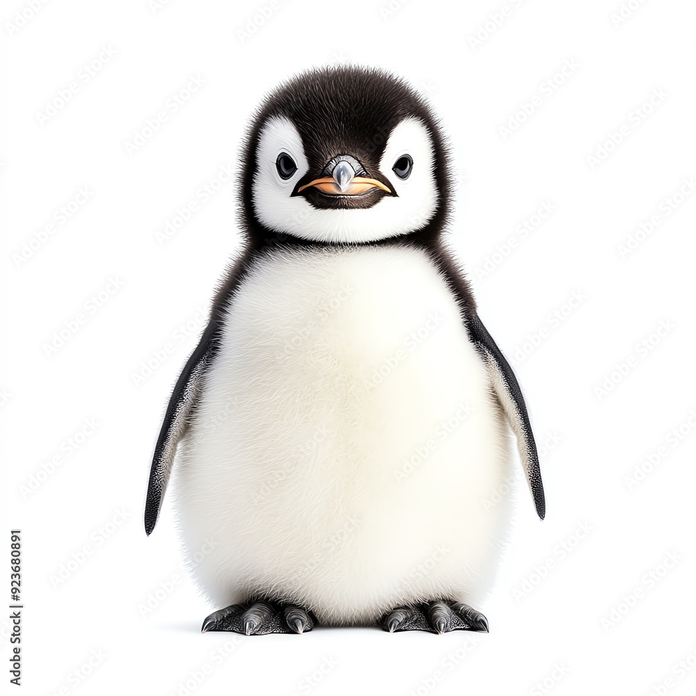 Fototapeta premium Adorable baby penguin standing on a white background with a cute expression, perfect for wildlife and nature stock photography.