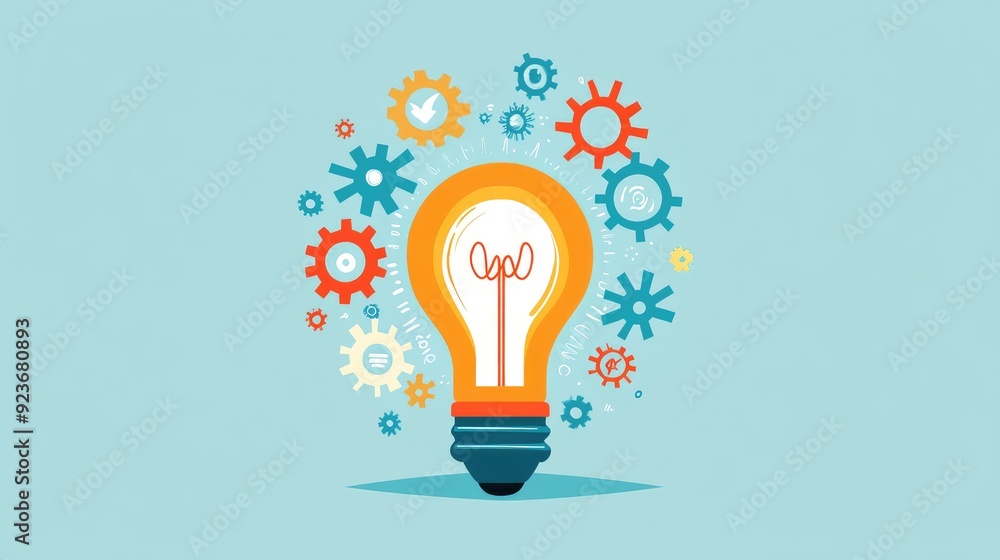 Light bulb with gears turning, ideas leading to growth, flat design illustration Light bulb with gears turning, ideas leading to growth, flat design illustration