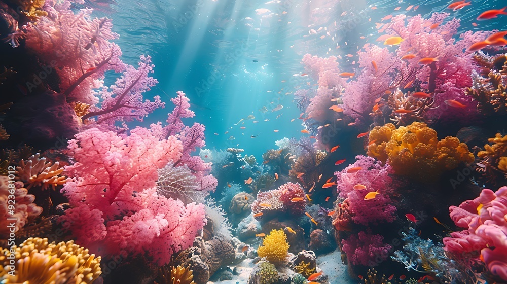 Obraz premium A serene underwater scene with pastel coral reefs, fish, and sea creatures in soft hues of pink, blue, yellow, and green. Clear blue water illuminated by gentle sunlight. Wide-angle shot, hd quality,