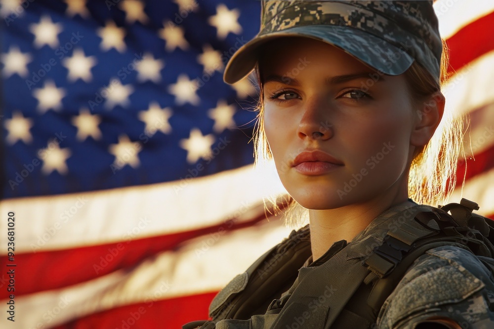 Portrait of a Woman in Military Uniform Against an American Flag Portrait of a Woman in Military Uniform Against an American Flag