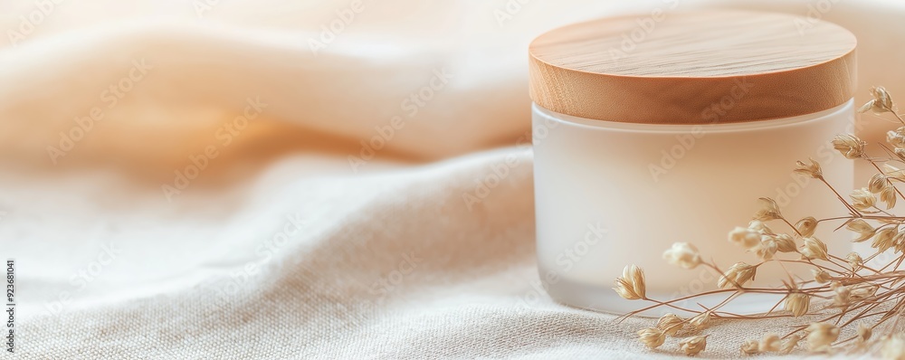 Frosted glass cosmetic jar with a wooden lid, on a natural linen fabric with dried flowers, rustic and elegant packaging design. Frosted glass cosmetic jar with a wooden lid, on a natural linen fabric with dried flowers, rustic and elegant packaging design.