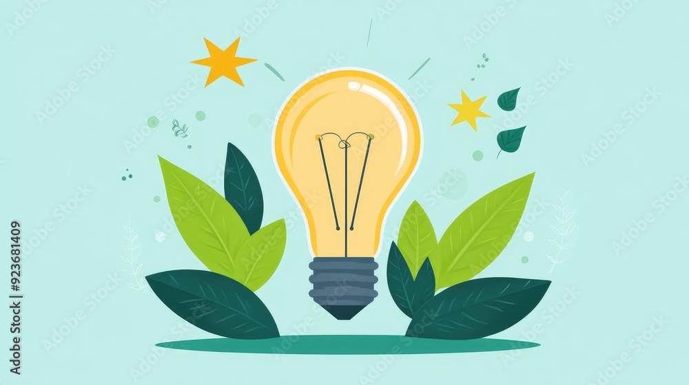 Light bulb with leaves, sustainable growth and ideas, flat design illustration Light bulb with leaves, sustainable growth and ideas, flat design illustration