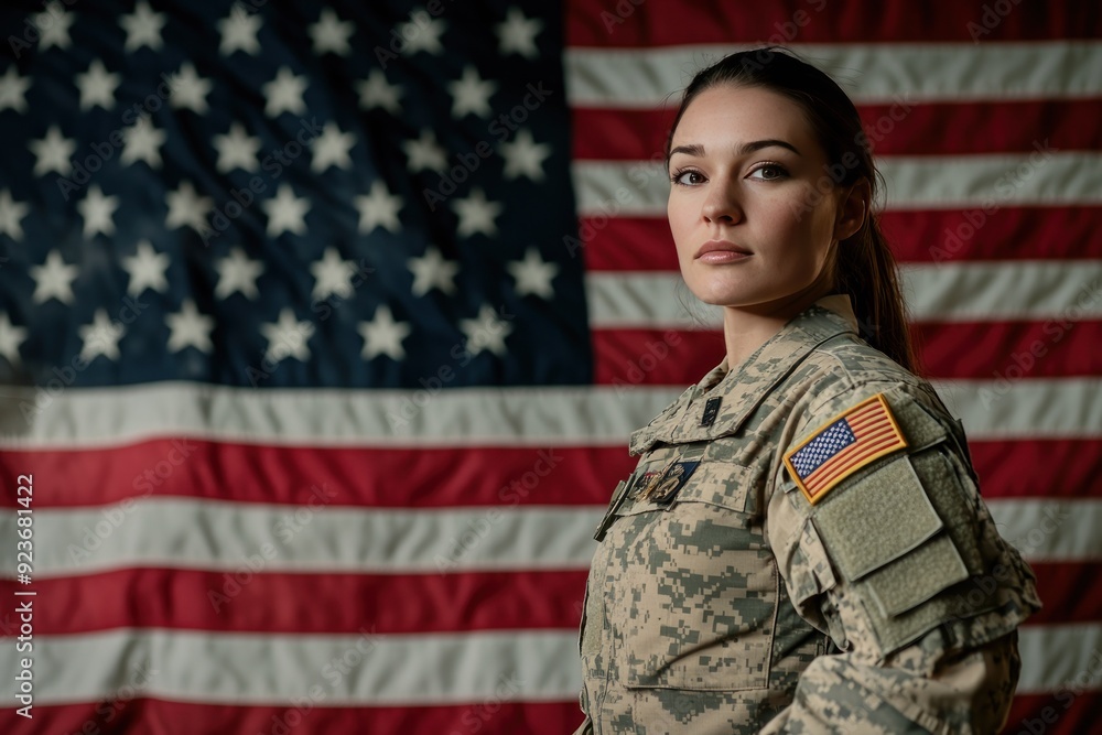 Fototapeta premium Female Soldier Standing in Front of an American Flag