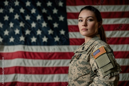 Female Soldier Standing in Front of an American Flag