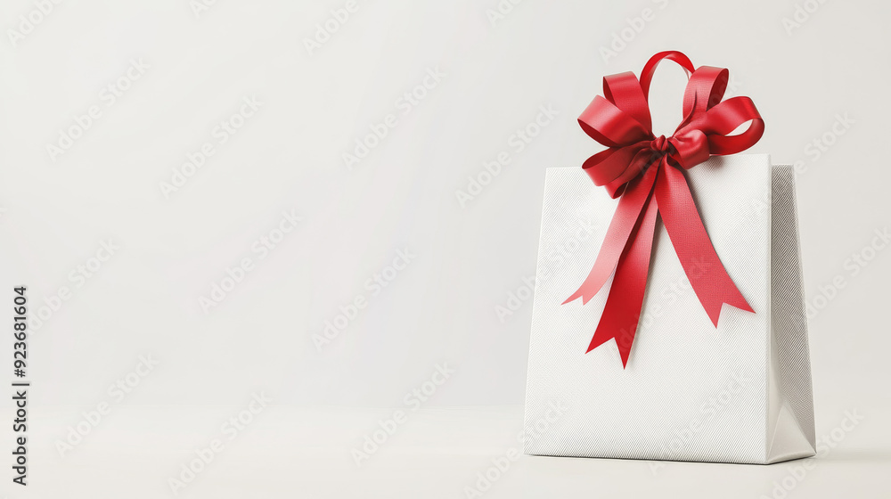Christmas gift box with a red ribbon inside a shopping bag, isolated on a white background. Christmas gift box with a red ribbon inside a shopping bag, isolated on a white background.