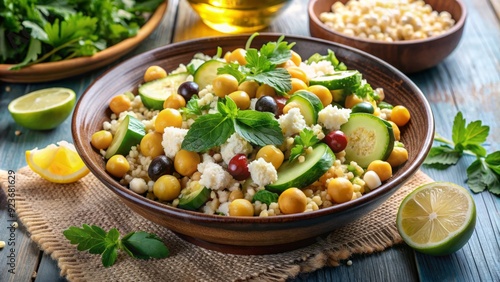 Wallpaper Mural Mediterranean Medley: Blues and greens, olive oil, lemon, feta cheese, couscous, chickpeas, vegetables, herbs Torontodigital.ca