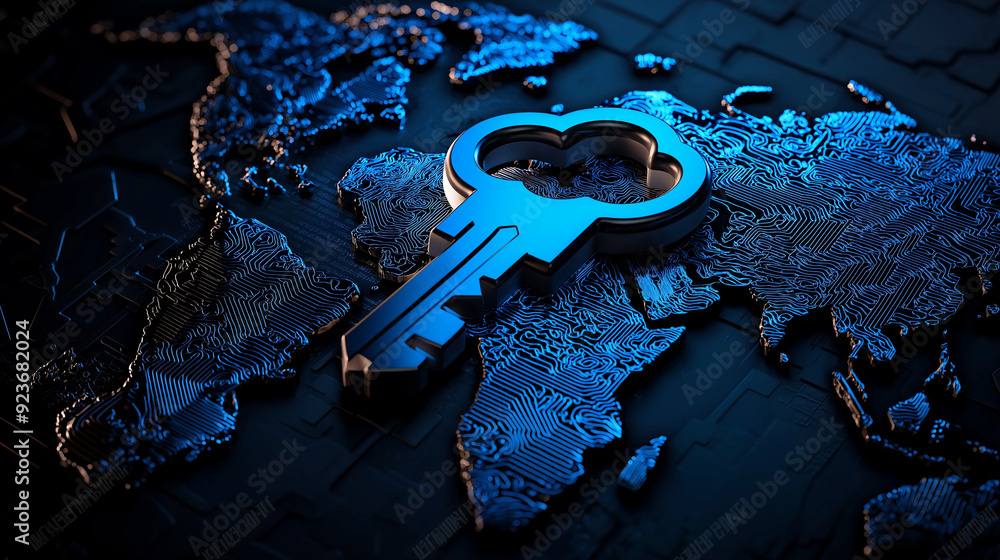 A dark and gothic image with quantum keys hovering over a digital world ...